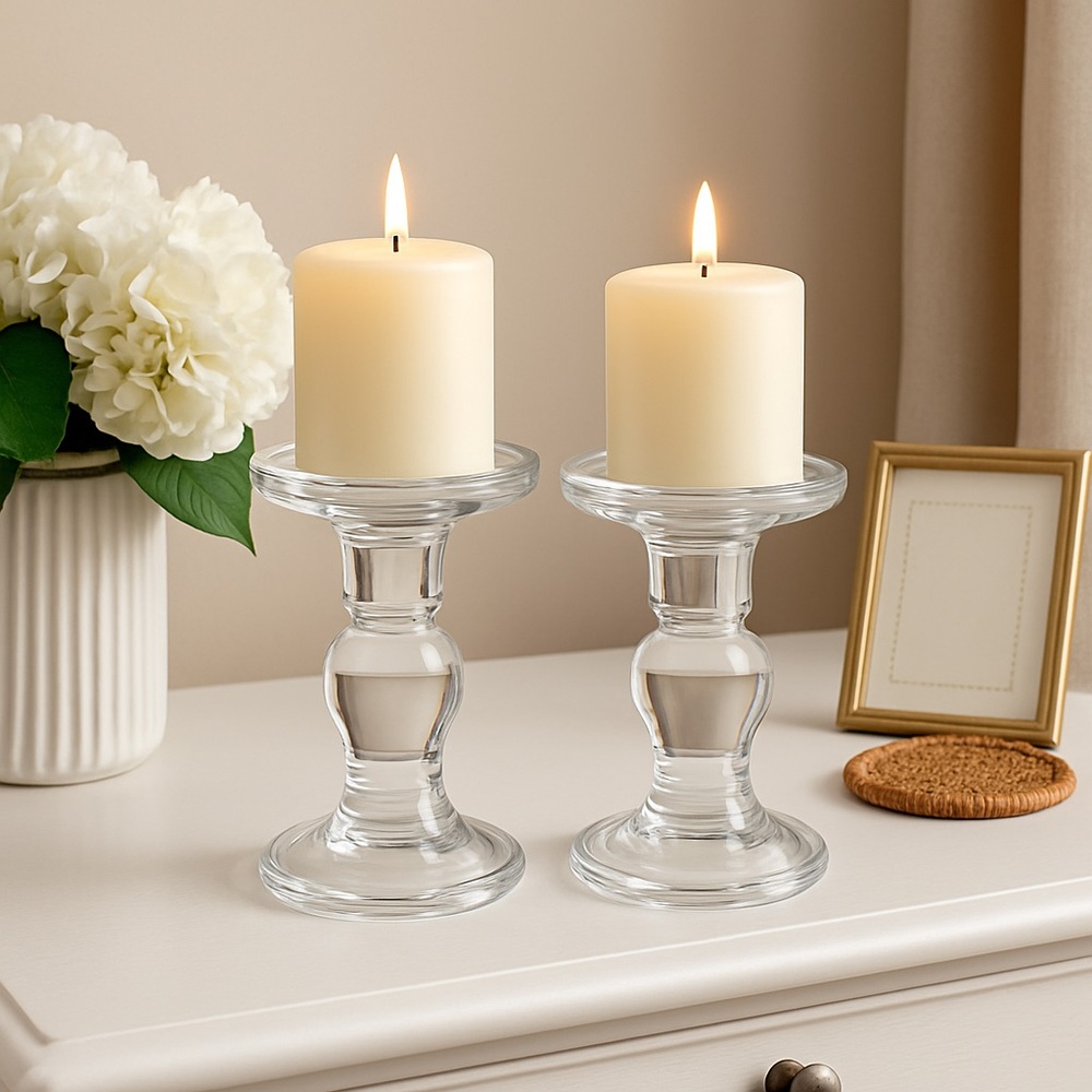 Restyled & Glammed Clear Glass Pedestal Candle Holder Duo Set Modern Home Decor